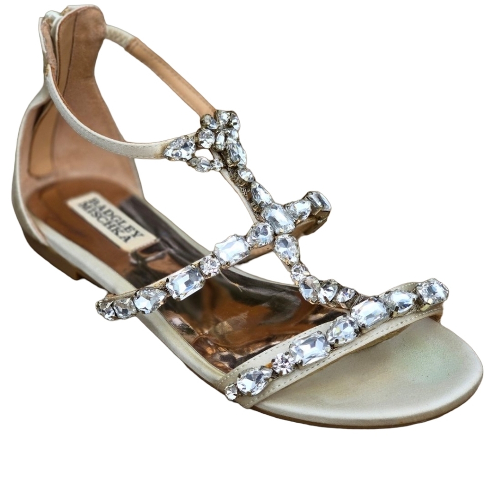 Badgley Mischka Champagne Crystal Embellished Gladiator Sandals - Size 6M